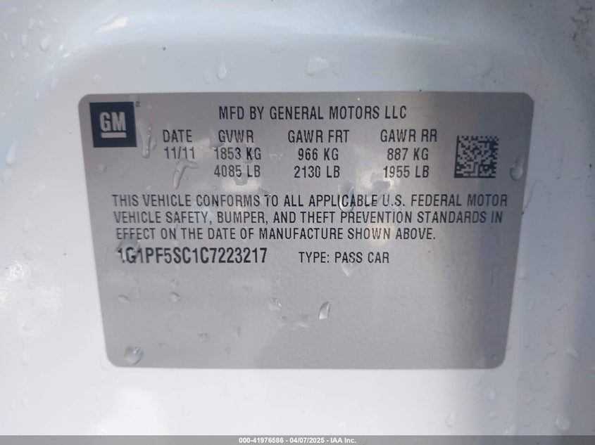 2012 CHEVROLET CRUZE VIN: 1G1PF5SC1C7223217