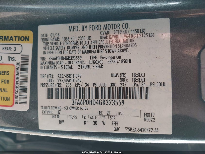 2016 FORD FUSION VIN: 3FA6P0HD4GR323559