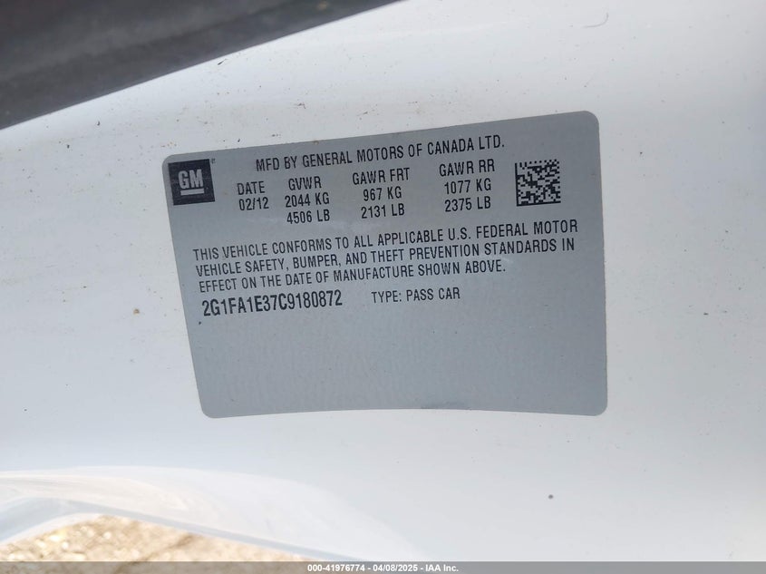 2012 CHEVROLET CAMARO VIN: 2G1FA1E37C9180872