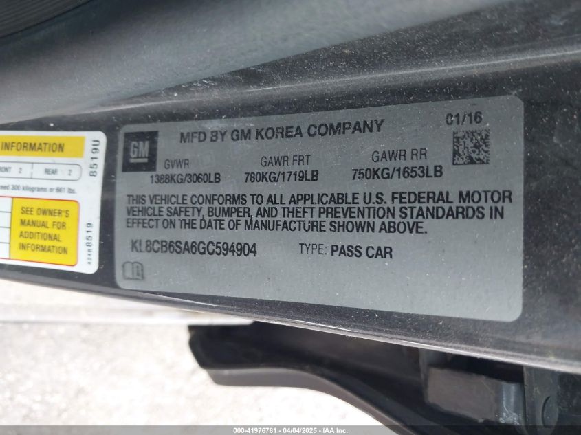 2016 Chevrolet Spark Ls Cvt VIN: KL8CB6SA6GC594904 Lot: 41976781