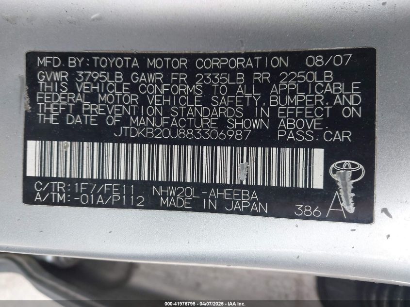 2008 Toyota Prius VIN: JTDKB20U883306987 Lot: 41976795
