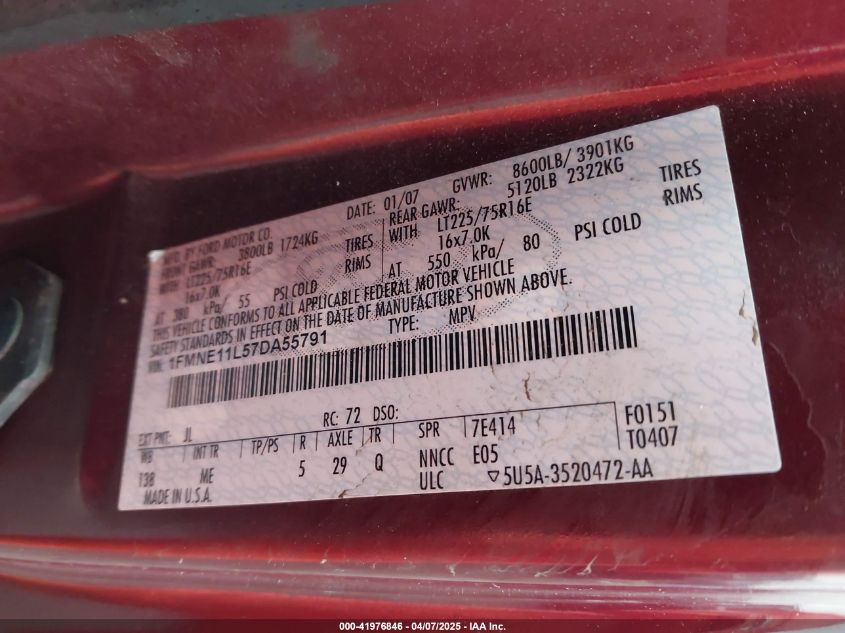 2007 Ford E-150 Chateau/Xl/Xlt VIN: 1FMNE11L57DA55791 Lot: 41976846