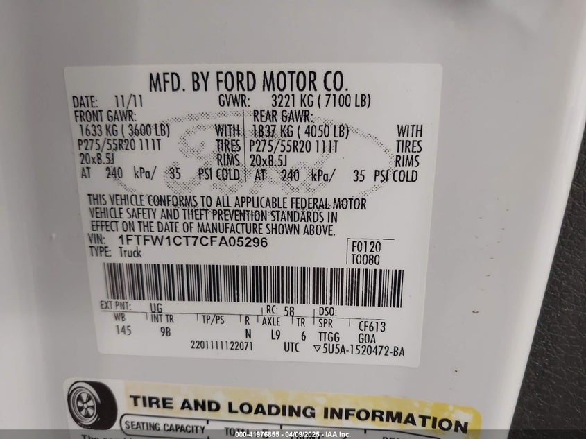 2012 FORD F-150 VIN: 1FTFW1CT7CFA05296