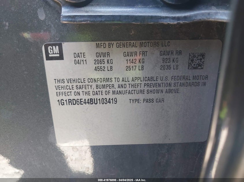 2011 CHEVROLET VOLT VIN: 1G1RD6E44BU103419