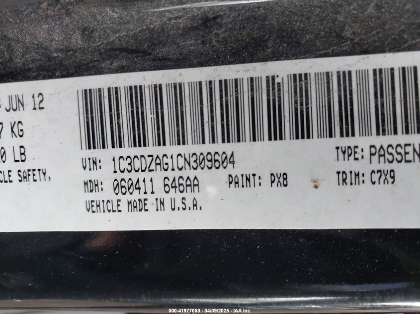 2012 DODGE AVENGER VIN: 1C3CDZAG1CN309604