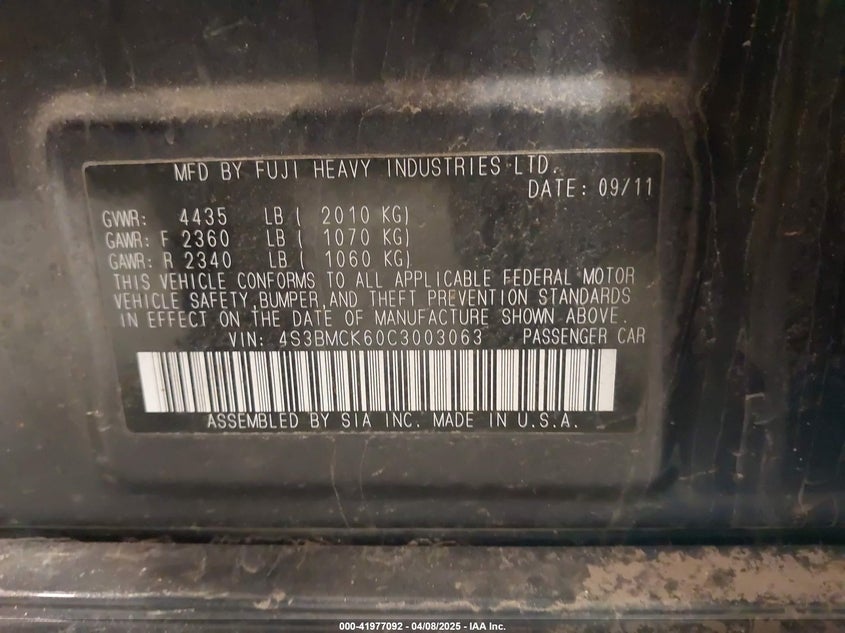 2012 SUBARU LEGACY VIN: 4S3BMCK60C3003063