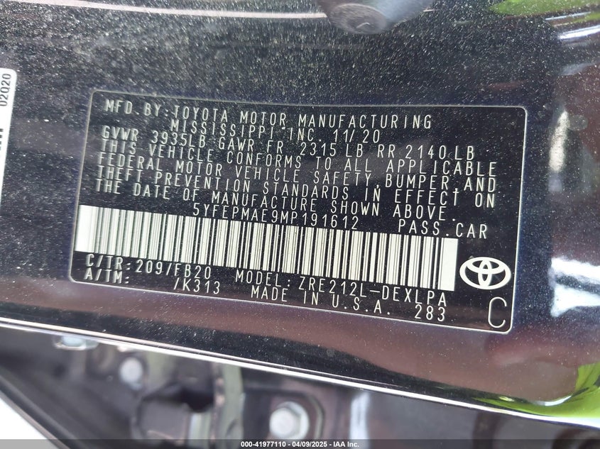 2021 TOYOTA COROLLA VIN: 5YFEPMAE9MP191612