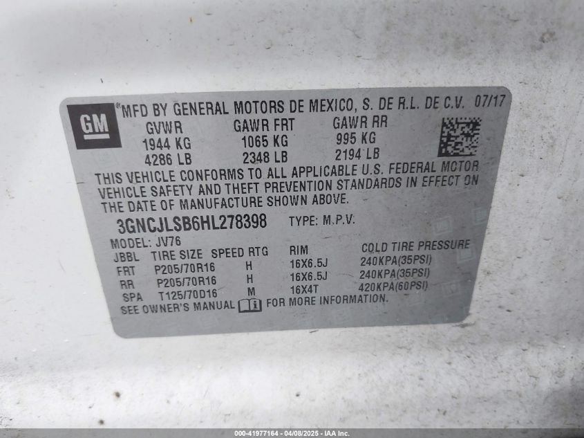 2017 Chevrolet Trax Lt VIN: 3GNCJLSB6HL278398 Lot: 41977164