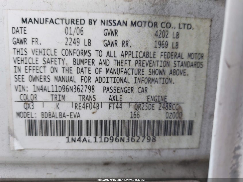 2006 NISSAN ALTIMA VIN: 1N4AL11D96N362798