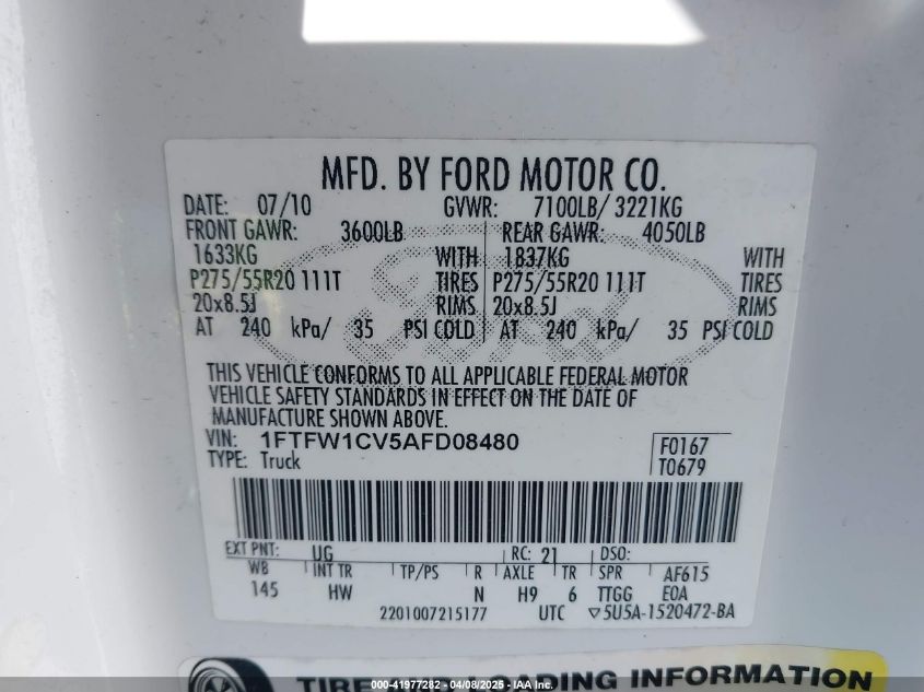 2010 Ford F150 Supercrew VIN: 1FTFW1CV5AFD08480 Lot: 41977282