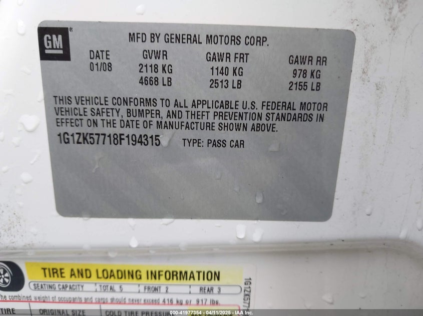 2008 CHEVROLET MALIBU VIN: 1G1ZK57718F194315