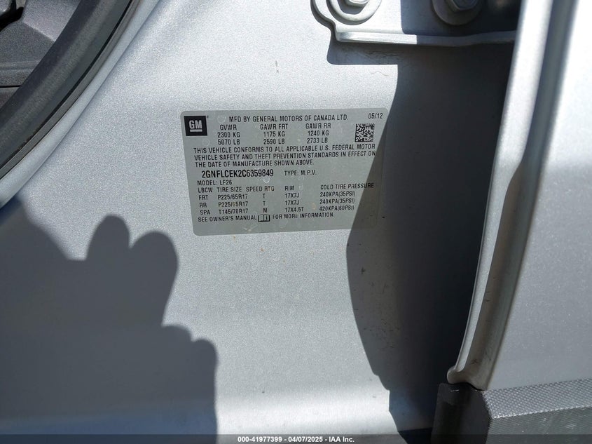 2012 CHEVROLET EQUINOX VIN: 2GNFLCEK2C6359849