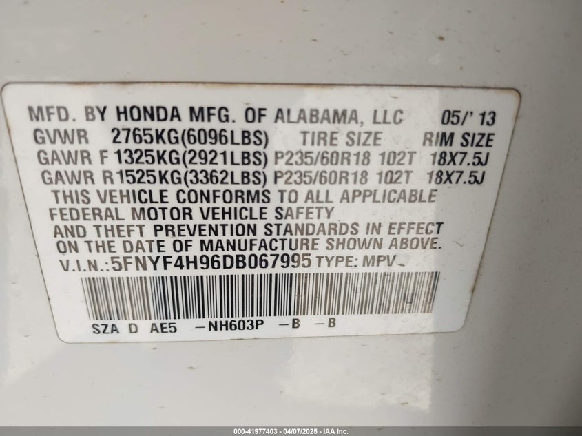 2013 HONDA PILOT VIN: 5FNYF4H96DB067995