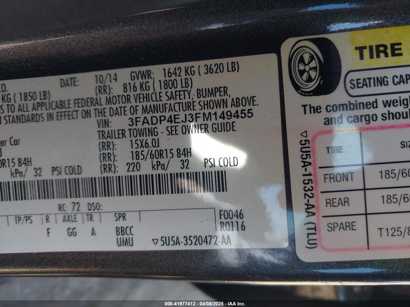 2015 FORD FIESTA VIN: 3FADP4EJ3FM149455