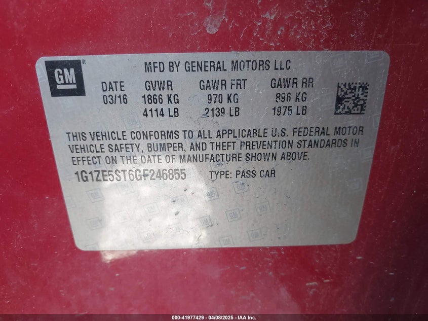 2016 CHEVROLET MALIBU VIN: 1G1ZE5ST6GF246855