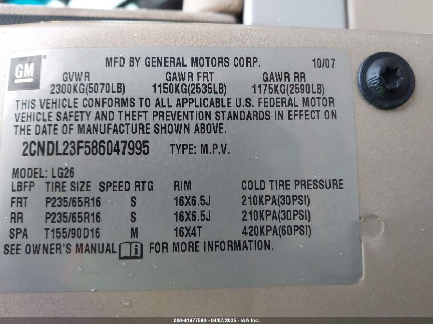 2008 Chevrolet Equinox Ls VIN: 2CNDL23F586047995 Lot: 41977590