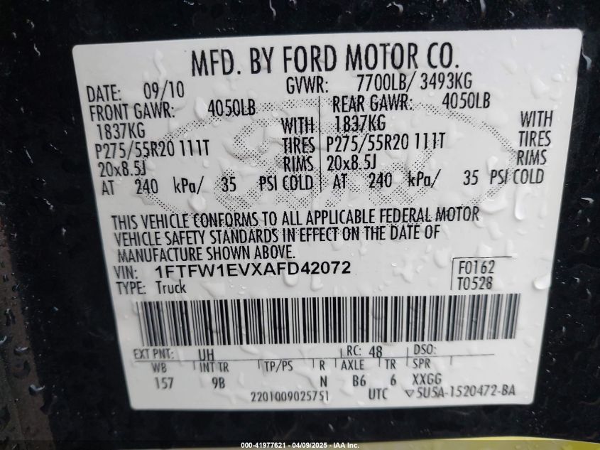 2010 Ford F-150 Fx4/Harley-Davidson/King Ranch/Lariat/Platinum/Xl/Xlt VIN: 1FTFW1EVXAFD42072 Lot: 41977621