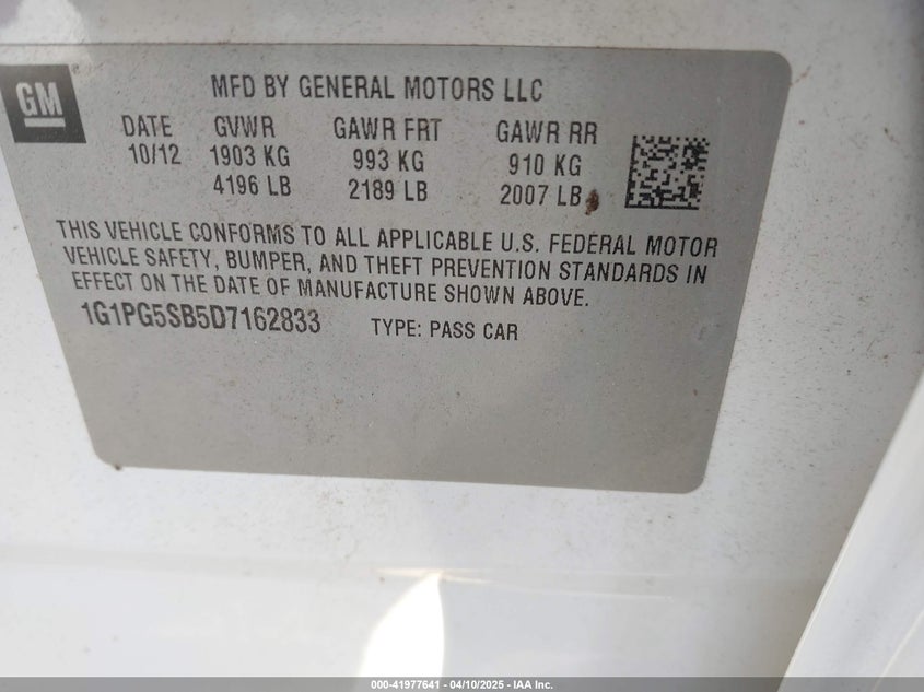 2013 CHEVROLET CRUZE VIN: 1G1PG5SB5D7162833