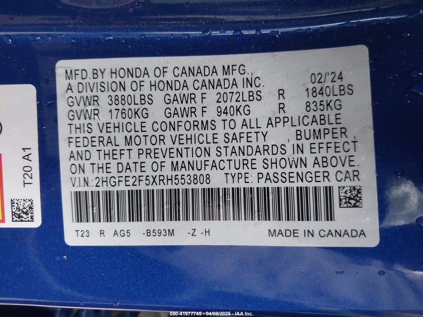 2024 HONDA CIVIC VIN: 2HGFE2F5XRH553808