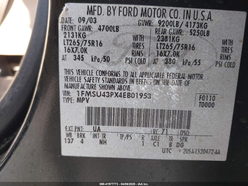 2004 Ford Excursion Limited VIN: 1FMSU43PX4EB01953 Lot: 41977773