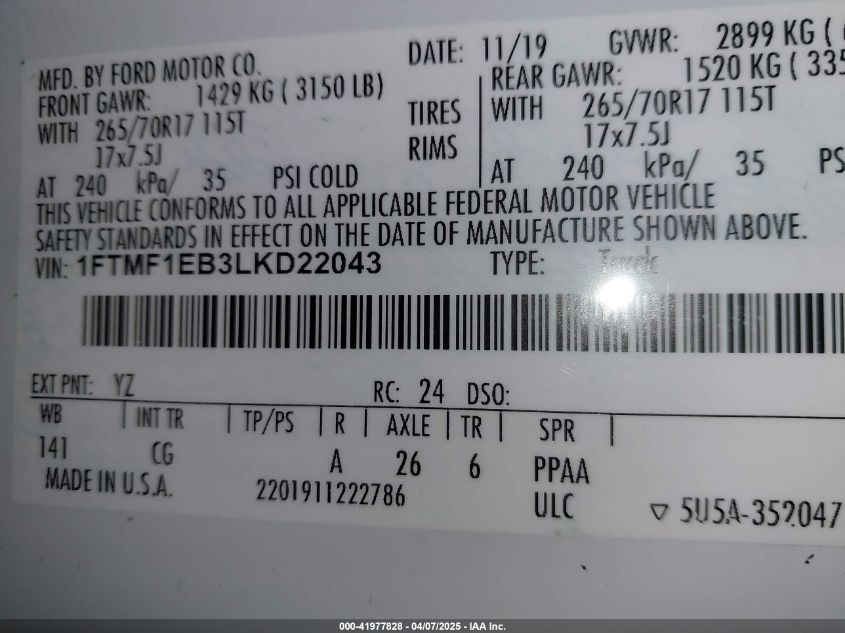 2020 Ford F-150 Xl VIN: 1FTMF1EB3LKD22043 Lot: 41977828