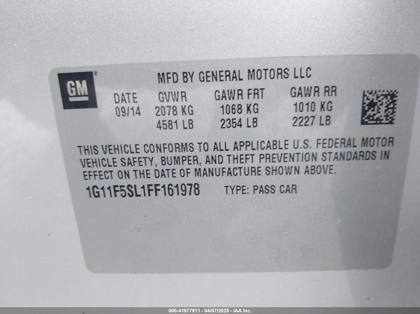 2015 CHEVROLET MALIBU VIN: 1G11F5SL1FF161978