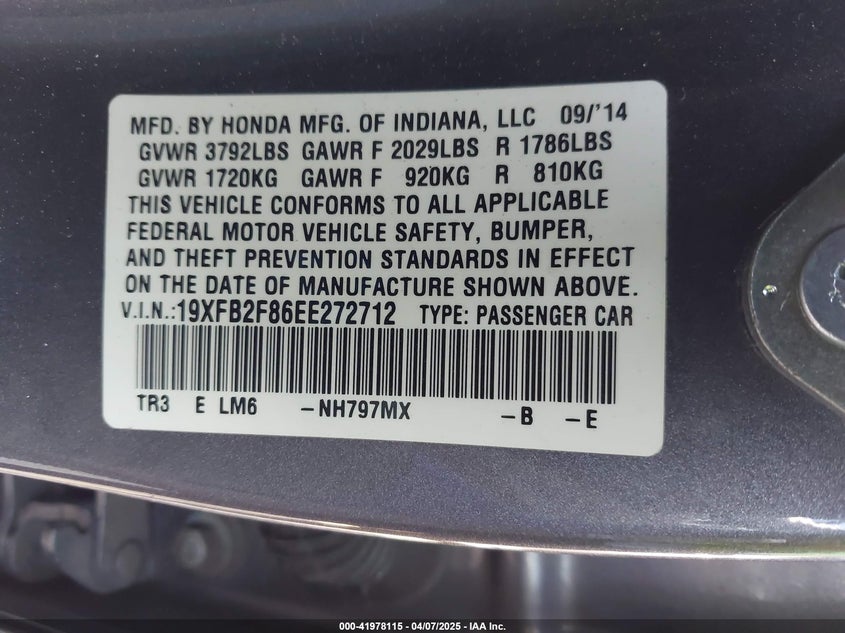 2014 HONDA CIVIC VIN: 19XFB2F86EE272712