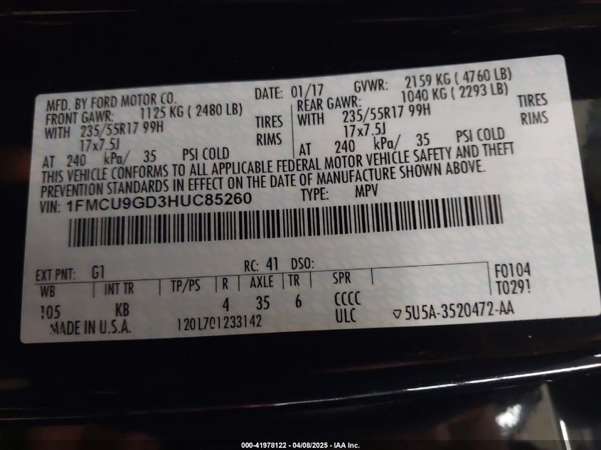 2017 Ford Escape Se VIN: 1FMCU9GD3HUC85260 Lot: 41978122