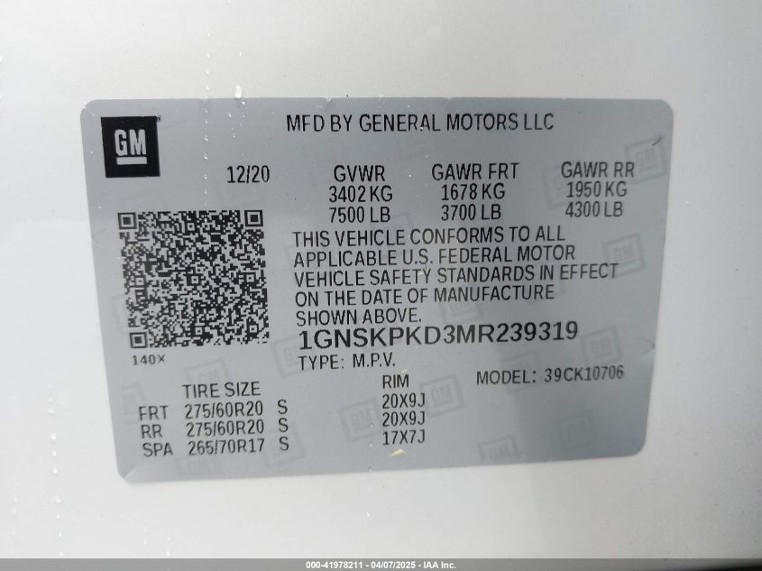 2021 Chevrolet Tahoe - 1GNSKPKD3MR239319