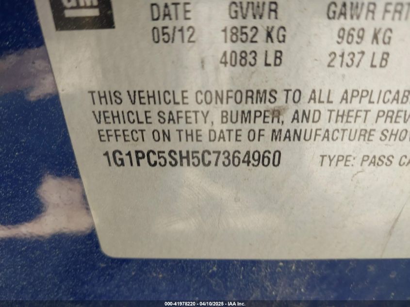 2012 Chevrolet Cruze Ls VIN: 1G1PC5SH5C7364960 Lot: 41978220