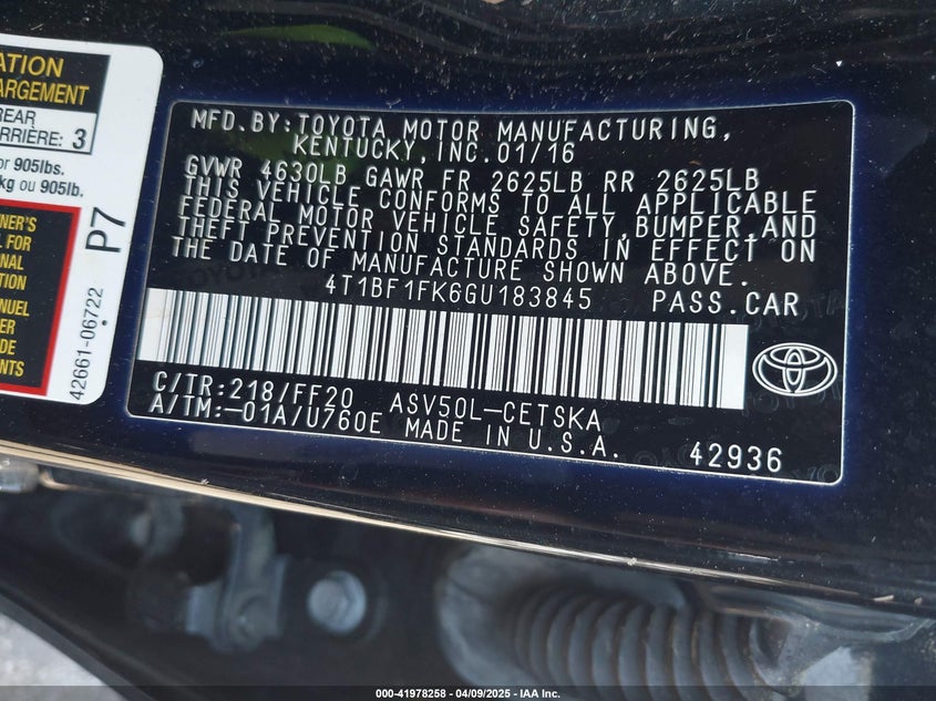 2016 TOYOTA CAMRY VIN: 4T1BF1FK6GU183845