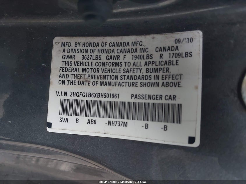 2011 HONDA CIVIC VIN: 2HGFG1B6XBH501961