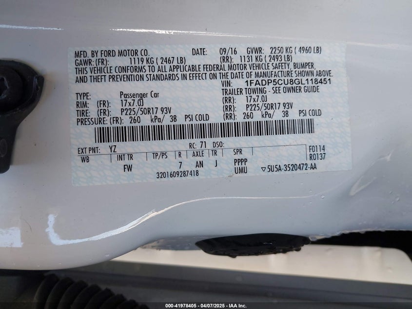 2016 FORD C-MAX ENERGI VIN: 1FADP5CU8GL118451