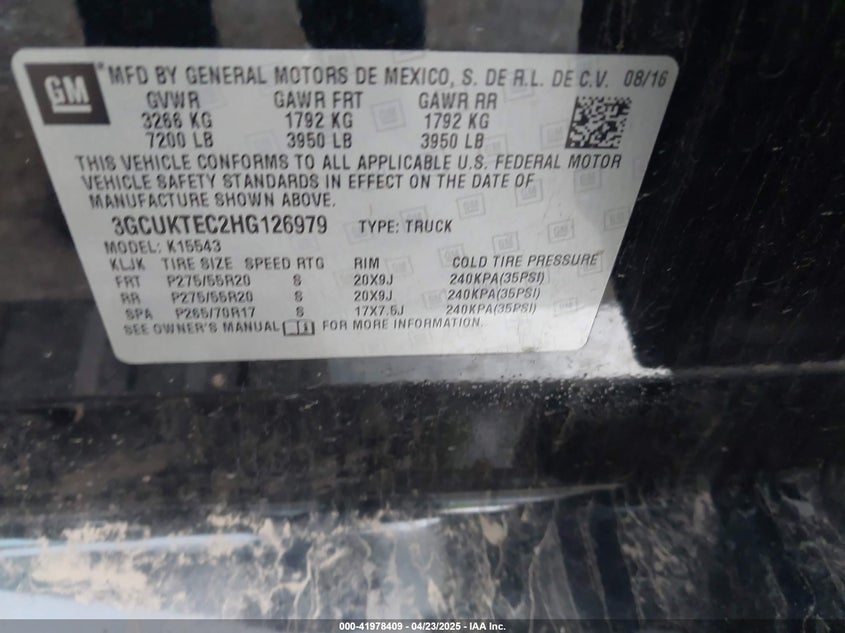 2017 CHEVROLET SILVERADO 1500 VIN: 3GCUKTEC2HG126979