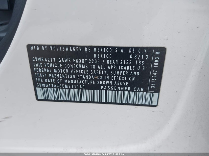 2014 VOLKSWAGEN JETTA VIN: 3VWD17AJ8EM211169