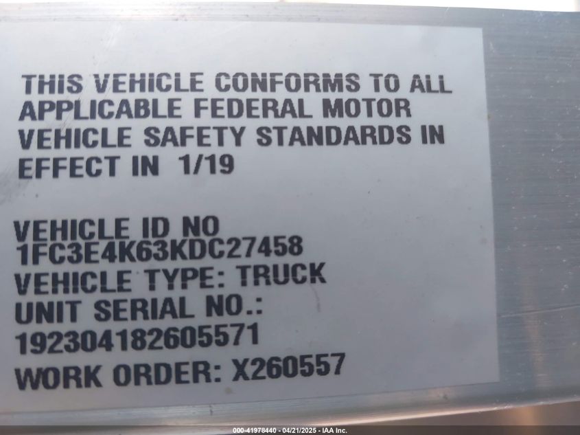 2019 Ford E-450 Stripped VIN: 1FC3E4K63KDC27458 Lot: 41978440