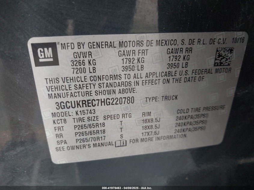 2017 CHEVROLET SILVERADO 1500 VIN: 3GCUKREC7HG220780