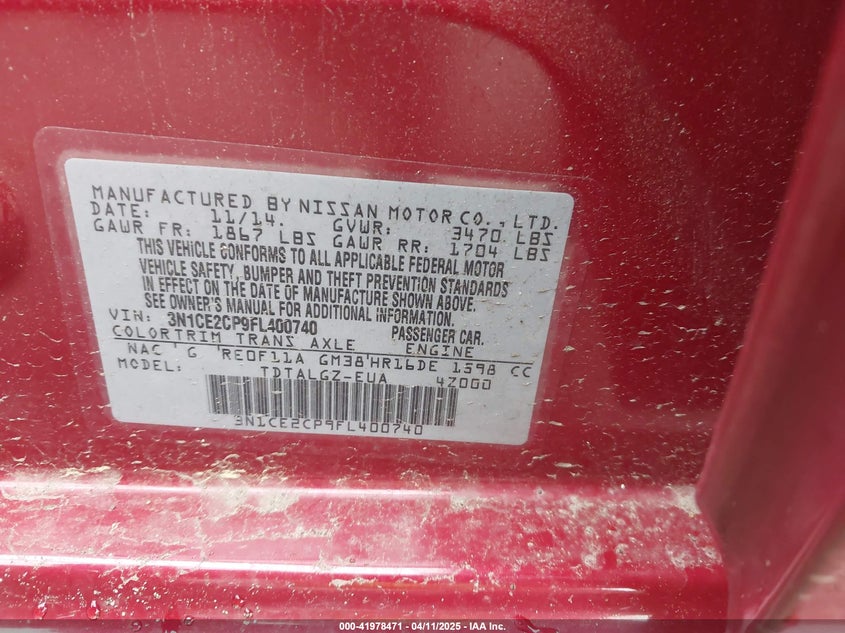 2015 NISSAN VERSA NOTE VIN: 3N1CE2CP9FL400740