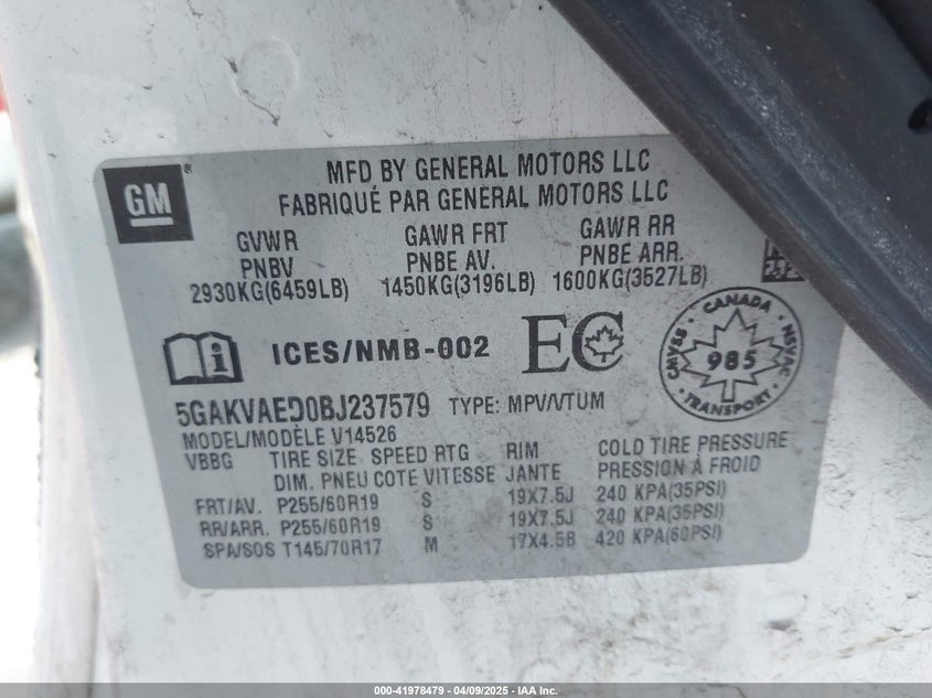 2011 BUICK ENCLAVE VIN: 5GAKVAED0BJ237579
