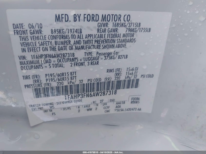 2010 FORD FOCUS VIN: 1FAHP3FN6AW287318