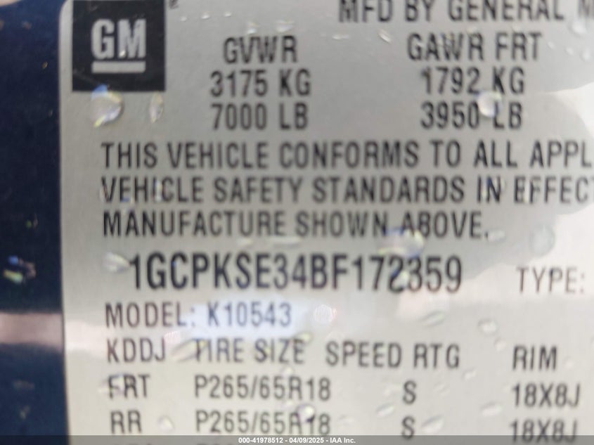 2011 CHEVROLET SILVERADO 1500 VIN: 1GCPKSE34BF172359