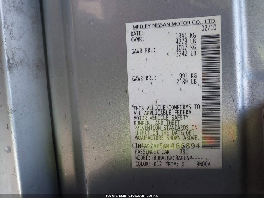 2010 NISSAN ALTIMA VIN: 1N4AL2AP9AN466894
