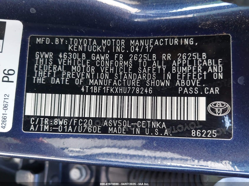 2017 TOYOTA CAMRY VIN: 4T1BF1FKXHU778246
