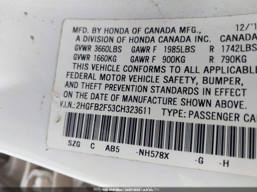 2012 Honda Civic Lx VIN: 2HGFB2F53CH323611 Lot: 41978600