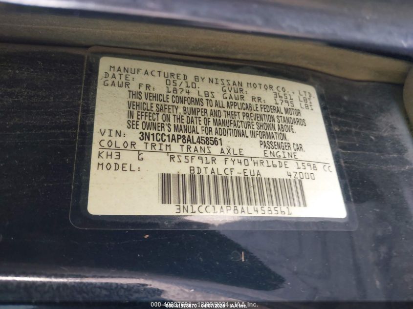 2010 Nissan Versa 1.6 VIN: 3N1CC1AP8AL458561 Lot: 41978670