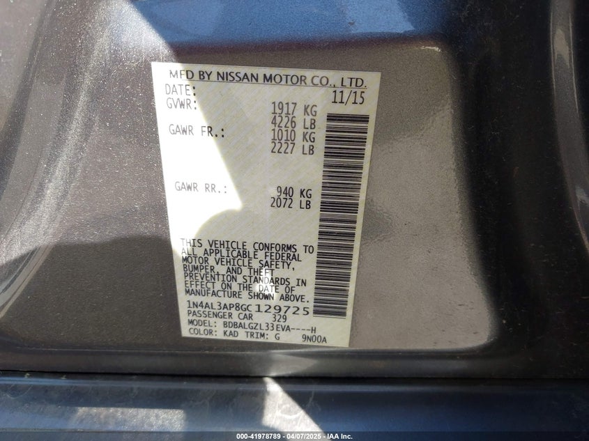 2016 NISSAN ALTIMA VIN: 1N4AL3AP8GC129725