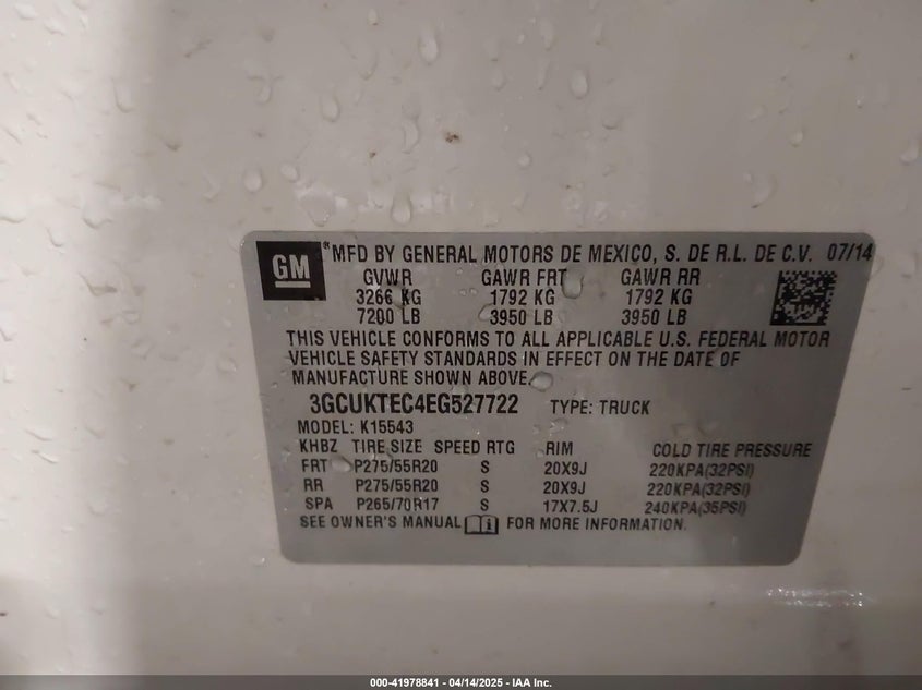 2014 CHEVROLET SILVERADO 1500 VIN: 3GCUKTEC4EG527722