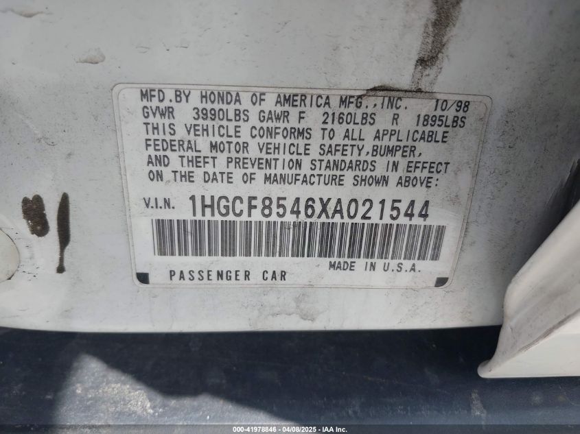 1999 Honda Accord Dx VIN: 1HGCF8546XA021544 Lot: 41978846
