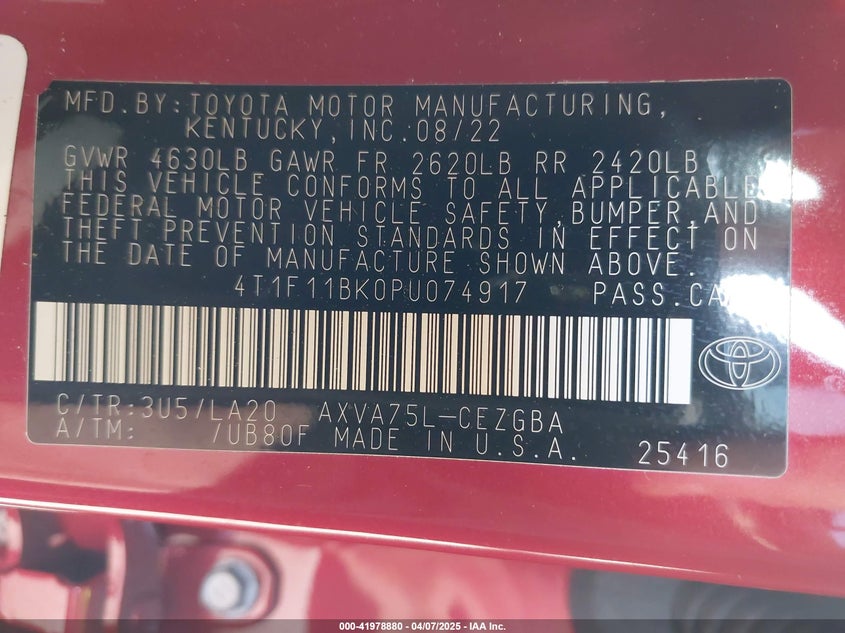 2023 TOYOTA CAMRY VIN: 4T1F11BK0PU074917