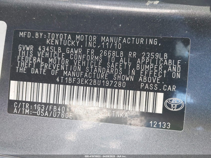 2011 TOYOTA CAMRY VIN: 4T1BF3EK2BU197280